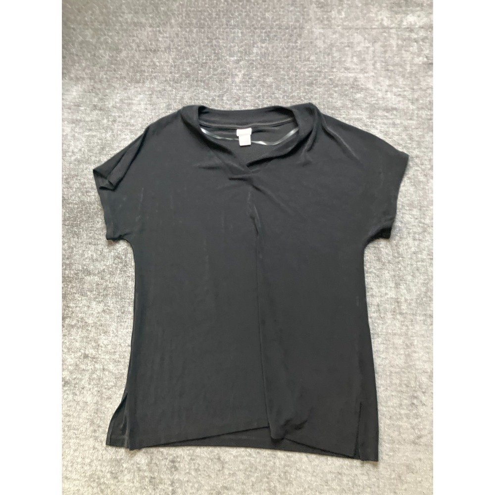Chico's Travelers Top Womens 2 Black Stretch Short Sleeve Casual V-Neck Pullover